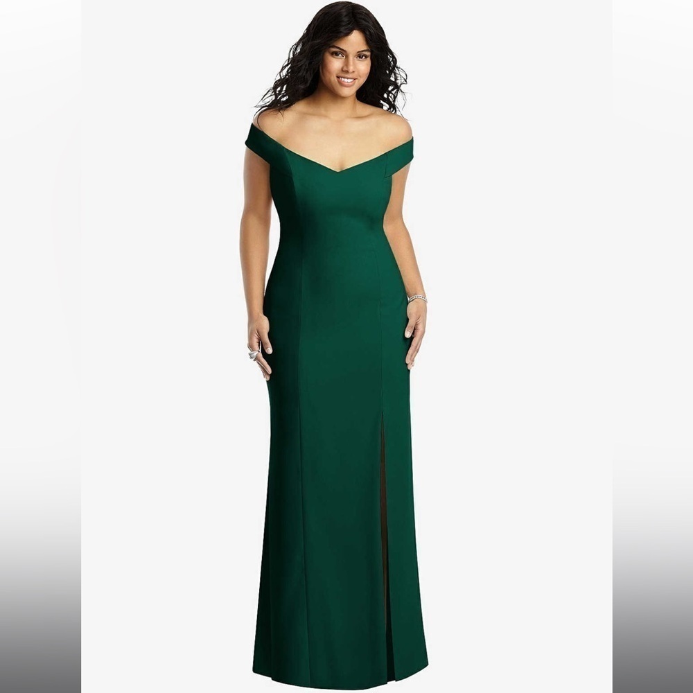 Dessy Collection-OFF-THE-SHOULDER CRISS CROSS BACK TRUMPET GOWN